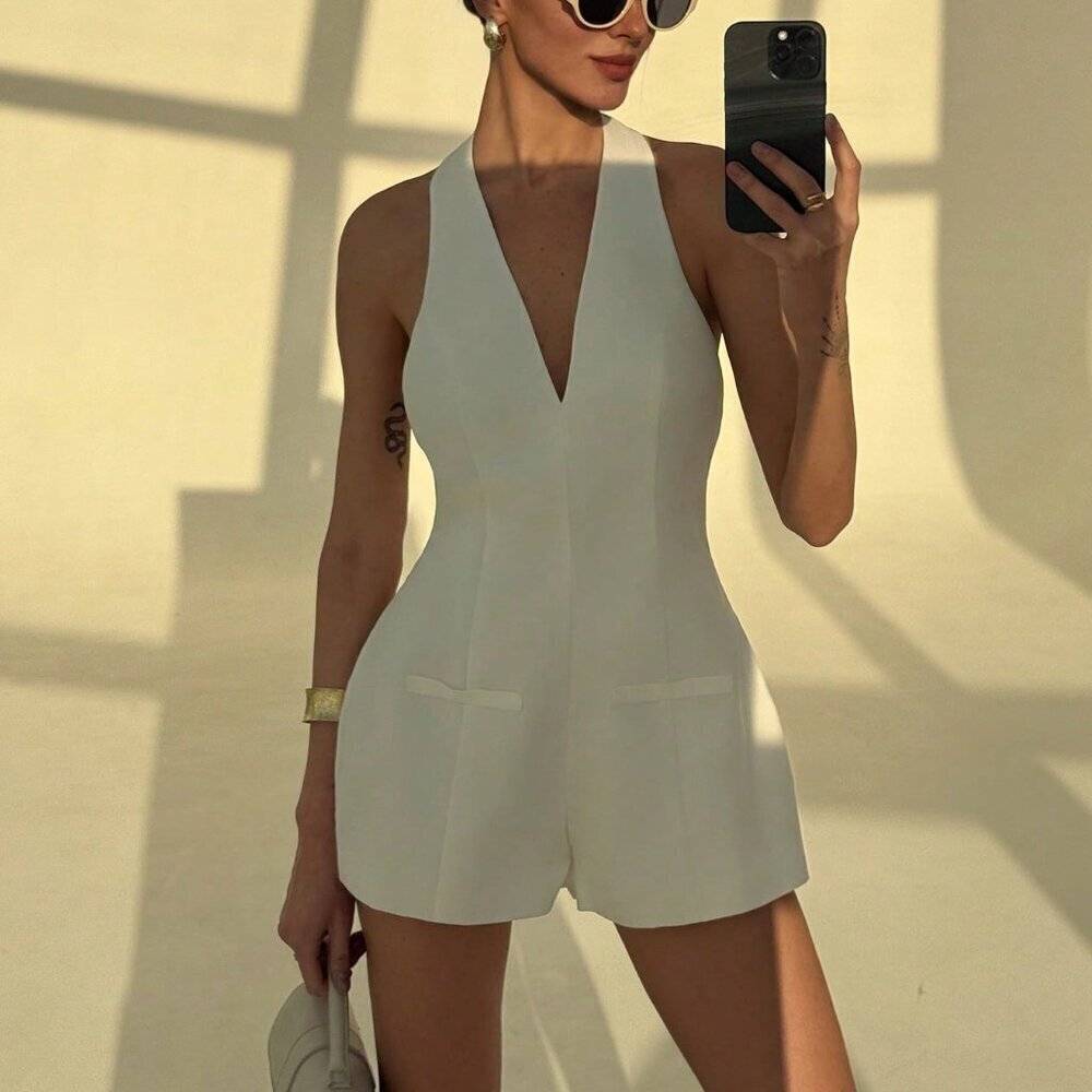 White Sexy Women's Halter Deep V Jumpsuit With Flared Pants - Picture 7 of 7